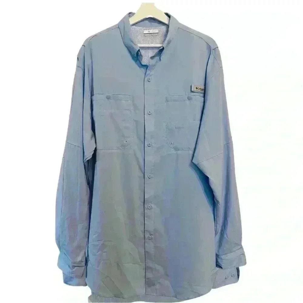 Columbia PFG Mens LT shirt long sleeve blue fishing roll-tab sleeves but…